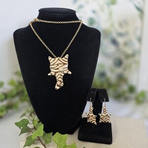Vintage Brown with White Zebra Print Necklace And Earrings Set